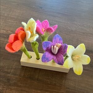 Vibrant Felt Floral Display in Wooden Holder